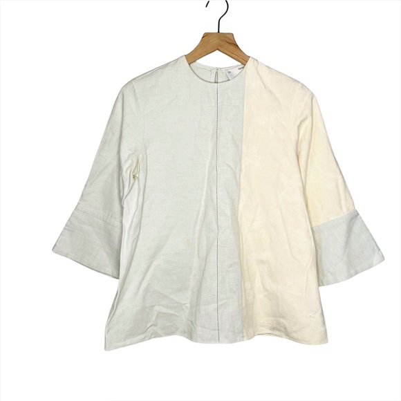 CF Goldman 3/4 Sleeve Linen Blend Jacquard Colorblock Top 0 FLAW - Picture 1 of 14